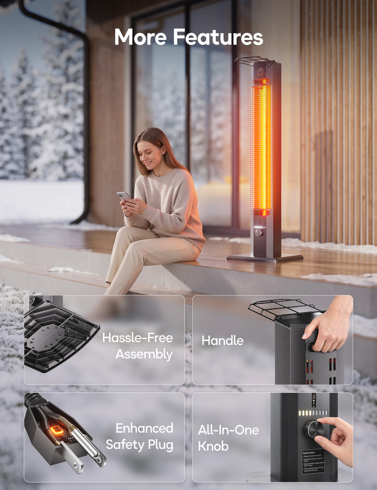 Patio Heater for Outdoor Use, 42.92" Infrared Electric Outdoor Heater, 1500W Instant Heating, Portable Space Heater, 9 Heat Levels, 9H Timer, Remote, for Garage, Backyard, Large Room, Indoor, Black