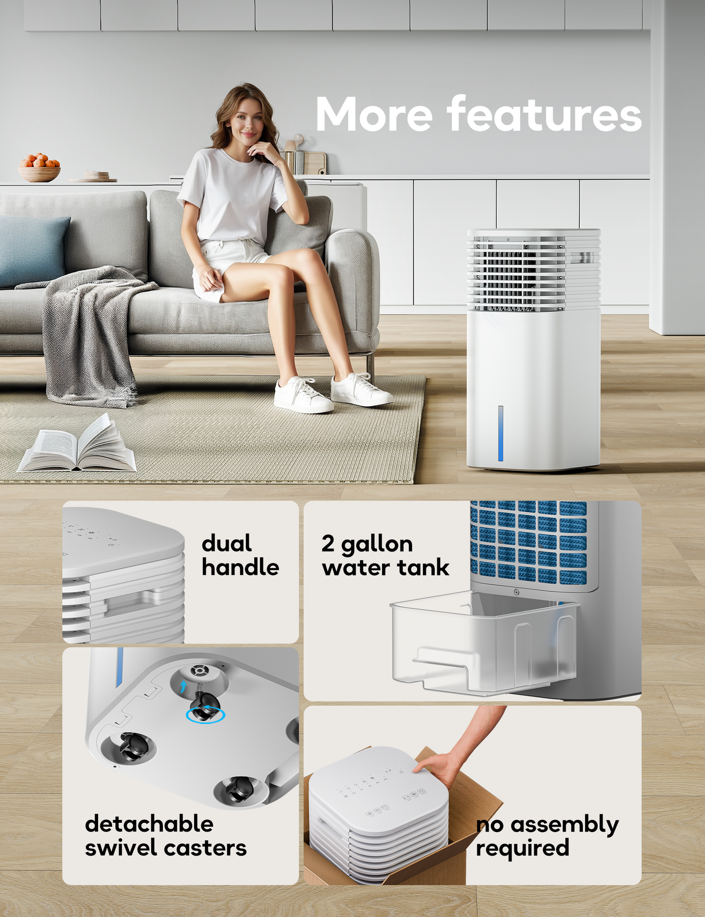 Windowless Portable Air Conditioner, 24.6" Small Evaporative Air Cooler for Room No Window, 3-Speed Settings, 4 Modes, 7H Timer, Remote Control, 4 Ice Packs, Quiet AC Unit for Bedroom