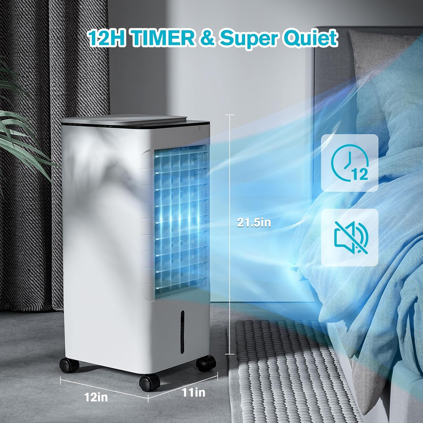 Windowless Portable Air Conditoners, Portable AC w/Remote, 1.16Gal Water Tank & 4 Ice Packs, 45ยฐ Oscillation, 12H Timer, 3 Modes & 3 Speeds, Fast Cooling Ventless Swamp Cooler For HomeOffice,SnowWhite