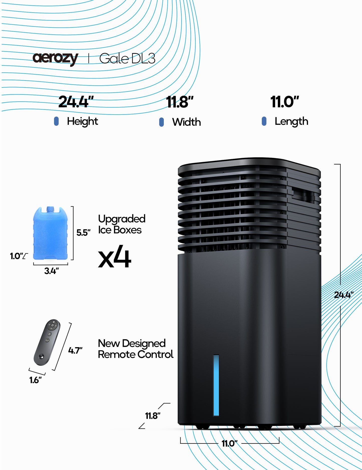 Windowless Portable Air Conditioner, 24.5" Small Evaporative Air Cooler for Room No Window, 3-Speed Settings, 4 Modes, 7H Timer, Remote Control, 4 Ice Packs, Quiet AC Unit for Bedroom, Black
