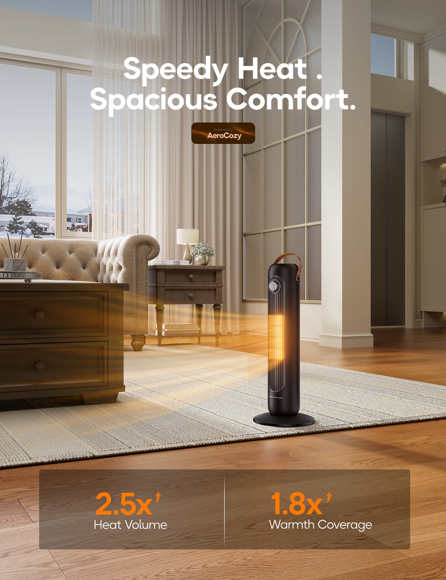 Electric Space Heater for Indoor Use, 24" Portable 1500W Heater with Overheat and Tip-Over Protection, 80° Oscillation, 1s Instant Heating Heater for Office, Bedroom, Black