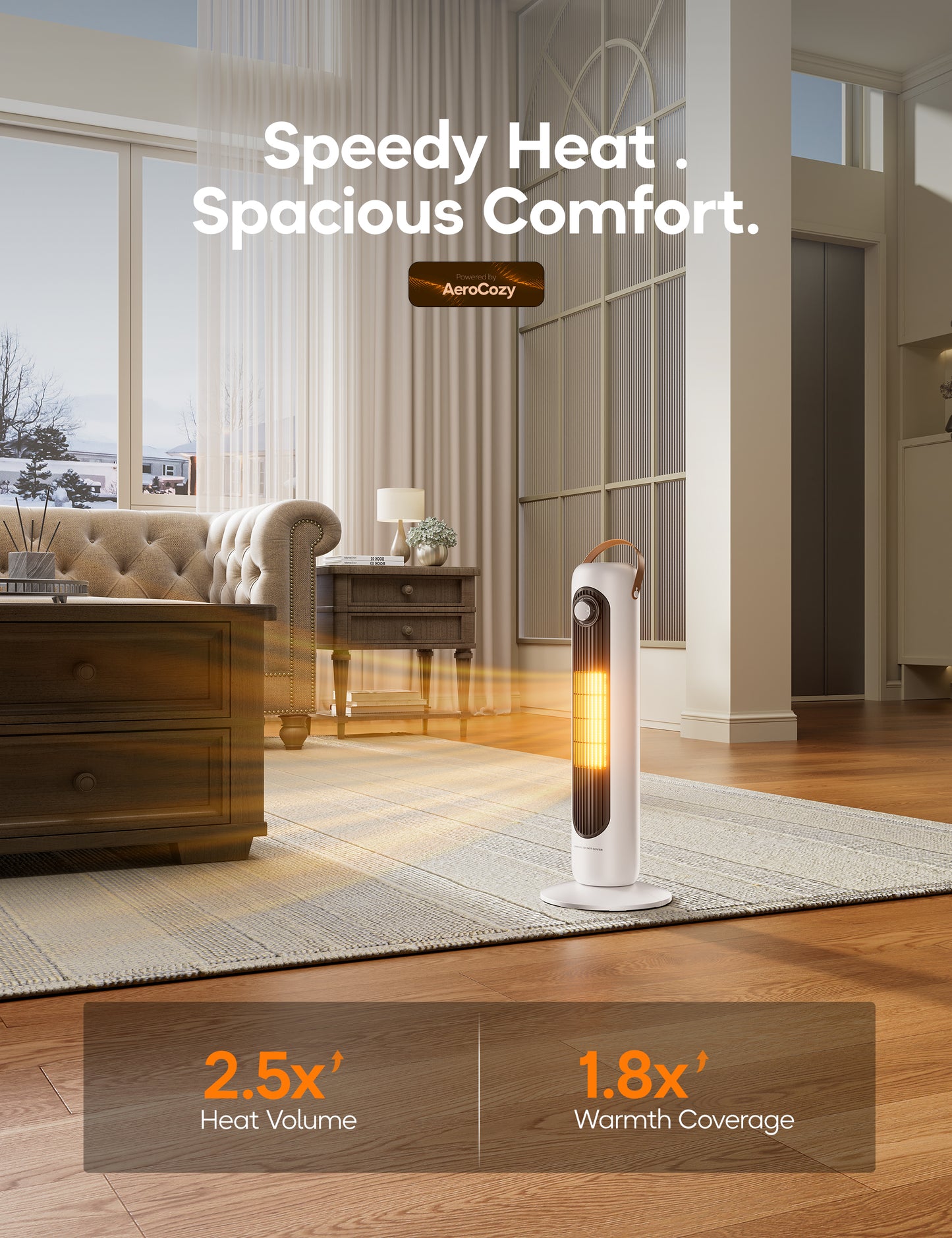 Electric Space Heater for Indoor Use, 24" Portable 1500W Heater with Overheat and Tip-Over Protection, 80° Oscillation, 1s Instant Heating Heater for Office, Bedroom, White