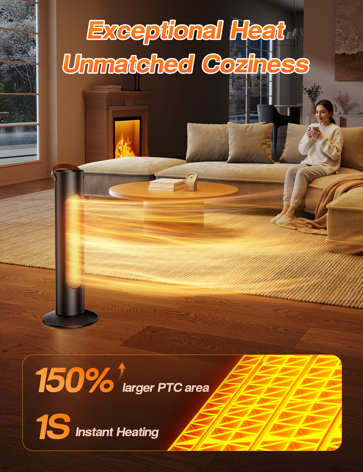 25" Space Heaters for Indoor Use, 1500W, 2 Heating & Fan Mode, Quiet 2-IN-1 Tower Heater and Fan Combo, 2S Instant Heating, 70°Oscillation, Quiet, 6 Safety Protections, for Bedroom Office black