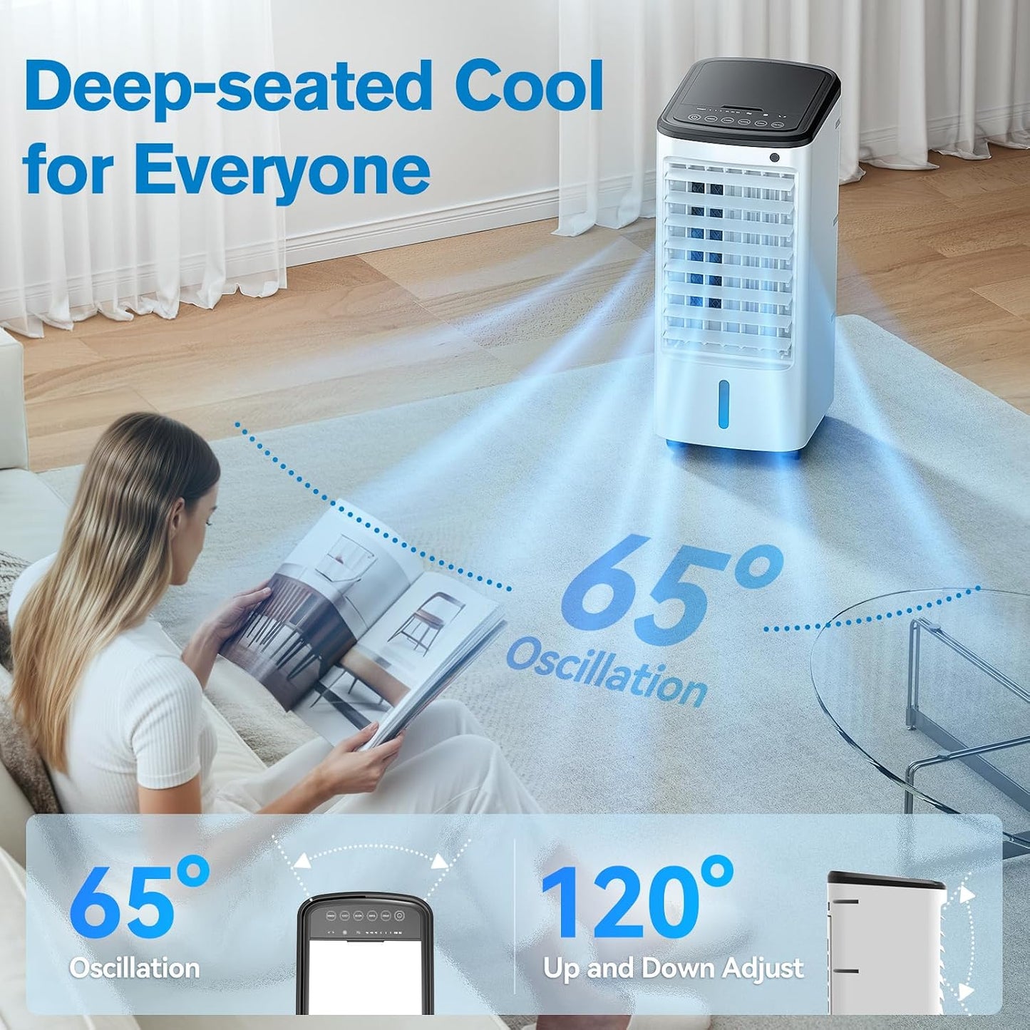 Windowless Portable Air Conditioner, 22.1" Evaporative Air Cooler with Remote, 120° Oscillation Swamp Cooler for Room No Window, 3 Speed, 4 Modes, Timer, 6 Ice Packs, Quiet AC Unit for Bedroom, White