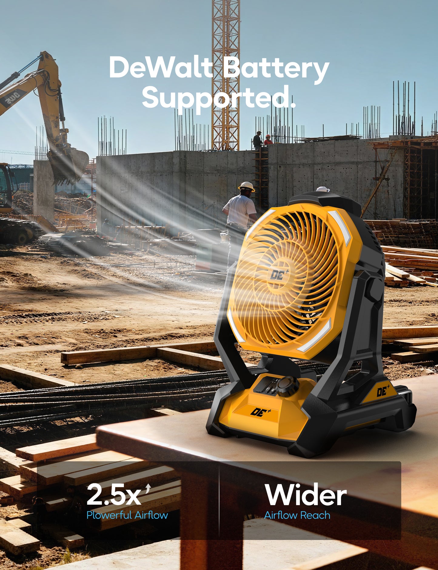 Battery Operated Fan, for DeWalt 20V Max Battery, Cordless Jobsite Fan for Camping, with LED Lights, Hook for Hanging, Variable Speed, for Workshops, USB Port(Bare Tool Only)