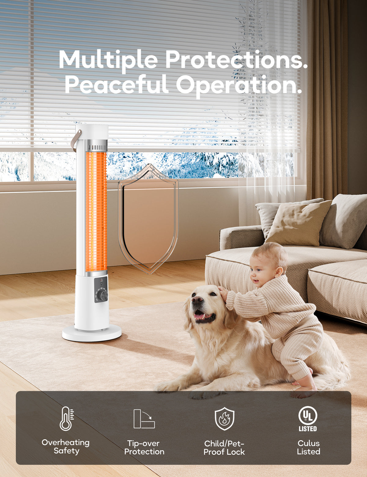 Patio Heater for Outdoor Use, Infrared Electric Outdoor Heater, 1500W Instant Heating, 60-Degree Oscillation, 9 Heat Levels, 9H Timer, Remote, for Garage, Backyard, Large Room, Indoor, 32.3", White