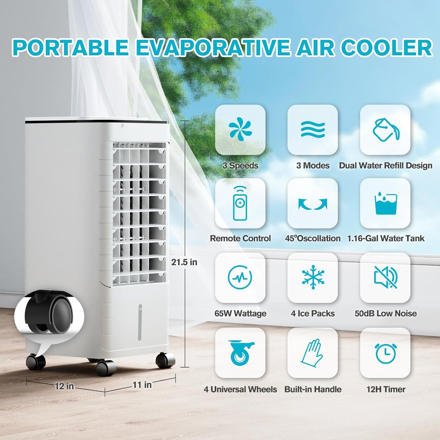 Windowless Portable Air Conditoners, Portable AC w/Remote, 1.16Gal Water Tank & 4 Ice Packs, 45° Oscillation, 12H Timer, 3 Modes & 3 Speeds, Fast Cooling Ventless Swamp Cooler For HomeOffice,SnowWhite