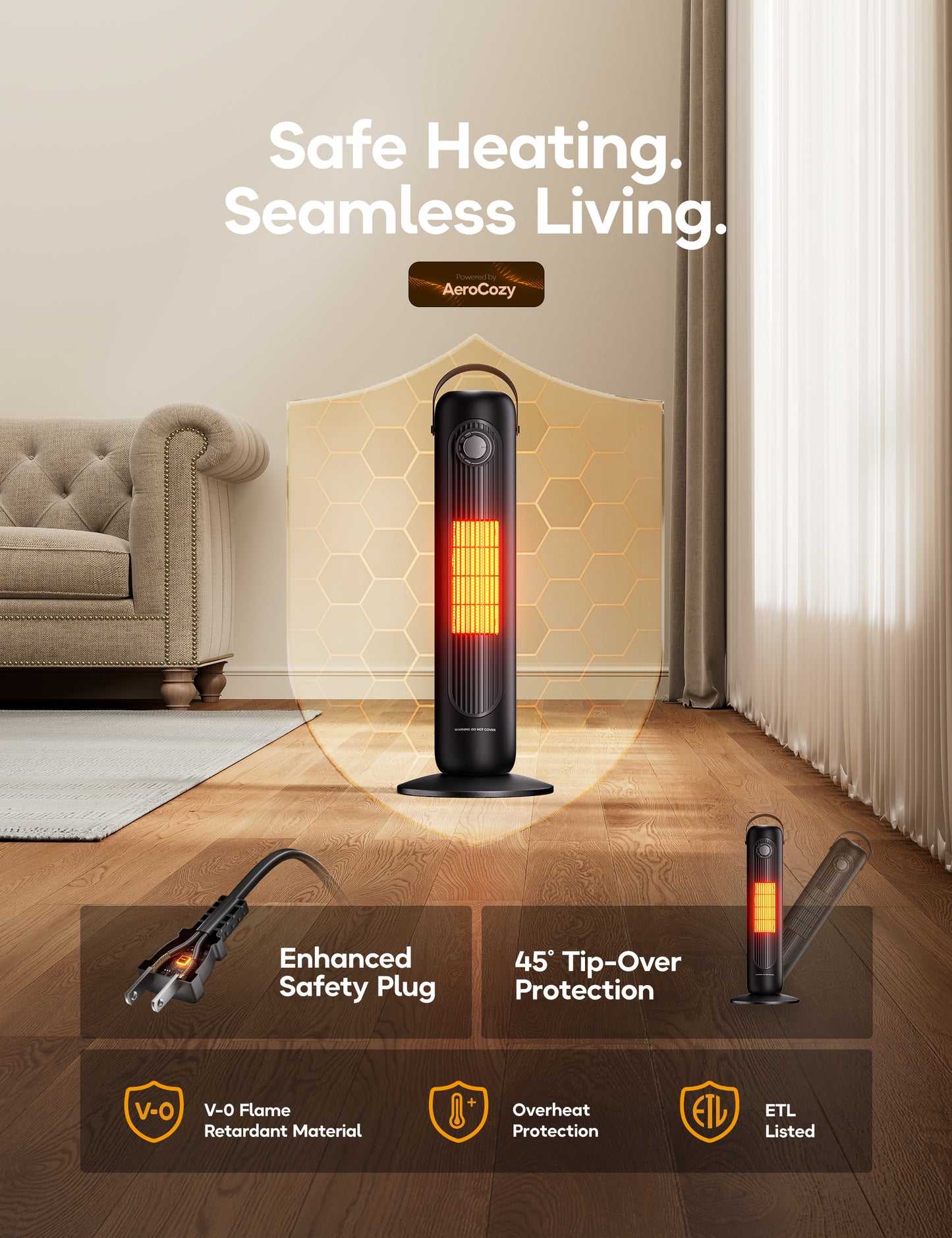 Electric Space Heater for Indoor Use, 24" Portable 1500W Heater with Overheat and Tip-Over Protection, 80° Oscillation, 1s Instant Heating Heater for Office, Bedroom, Black