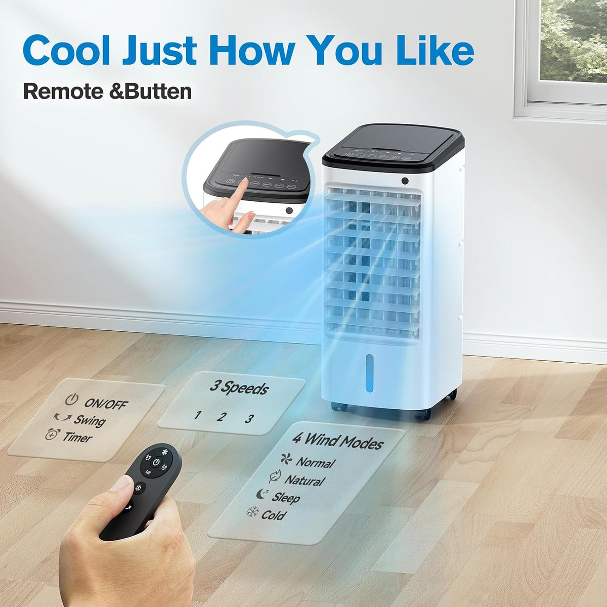 Windowless Portable Air Conditioner, 22.1" Evaporative Air Cooler with Remote, 120° Oscillation Swamp Cooler for Room No Window, 3 Speed, 4 Modes, Timer, 6 Ice Packs, Quiet AC Unit for Bedroom, White