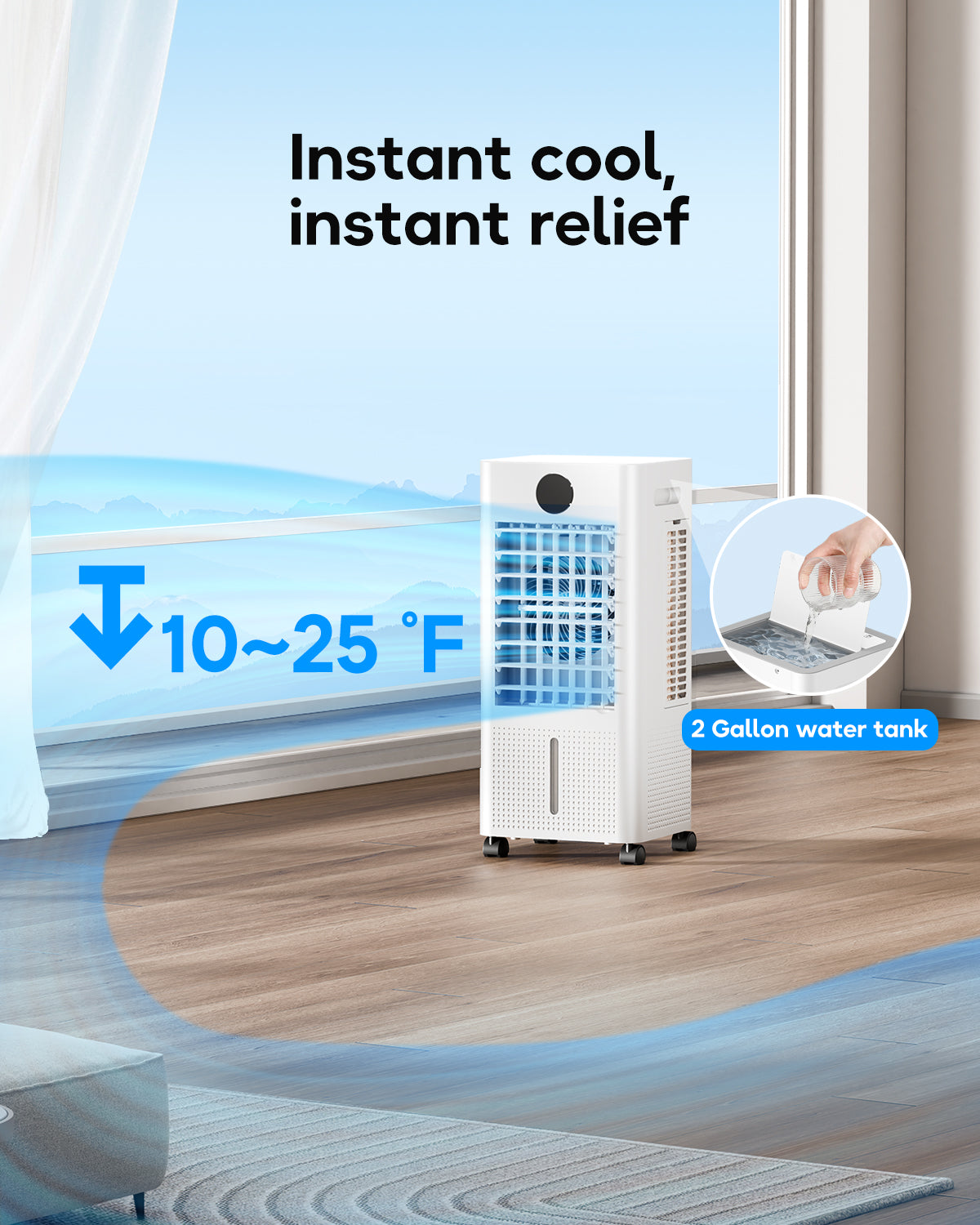 Portable Air Conditioner, Evaporative Air Cooler Windowless with Remote, 3 Speeds, 12H Timer, Oscillating Swamp Cooler for Bedroom, Living Room, Ivory