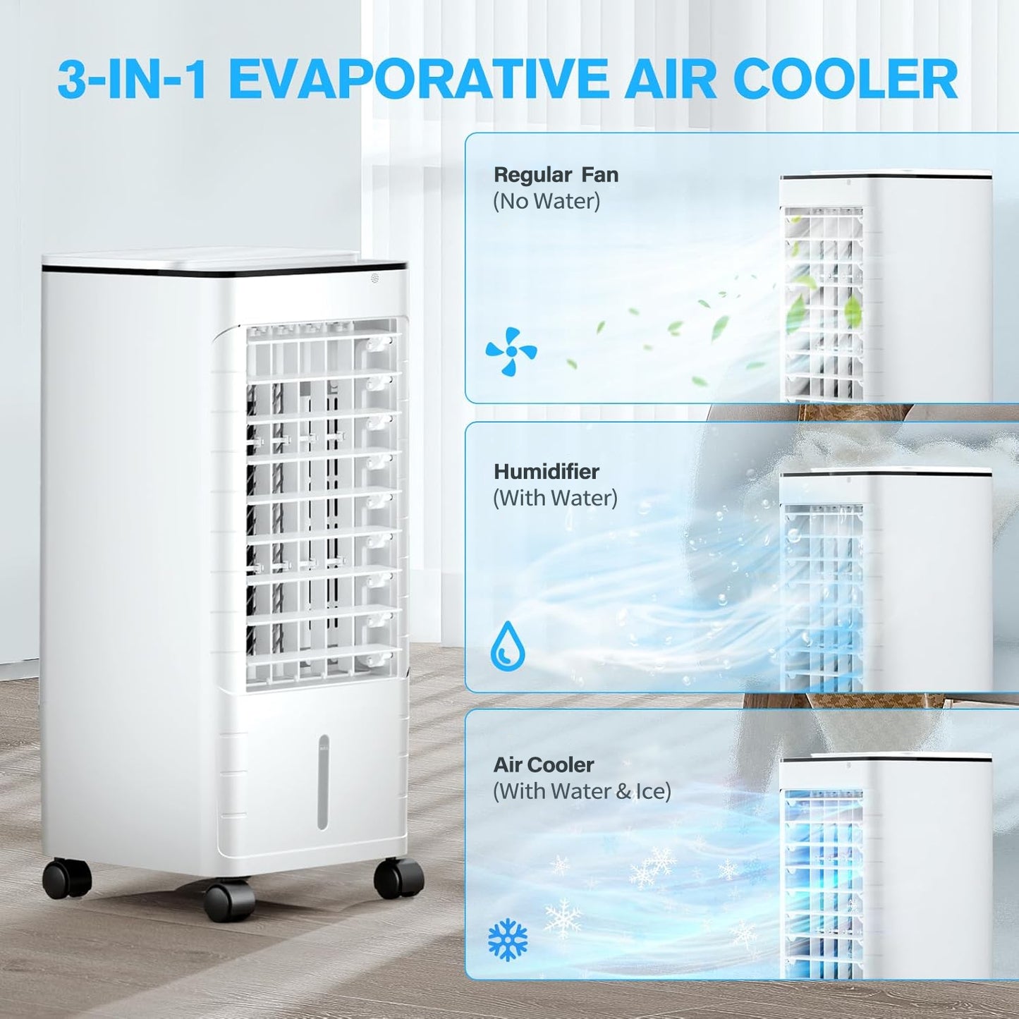 Windowless Portable Air Conditoners, Portable AC w/Remote, 1.16Gal Water Tank & 4 Ice Packs, 45° Oscillation, 12H Timer, 3 Modes & 3 Speeds, Fast Cooling Ventless Swamp Cooler For HomeOffice,SnowWhite