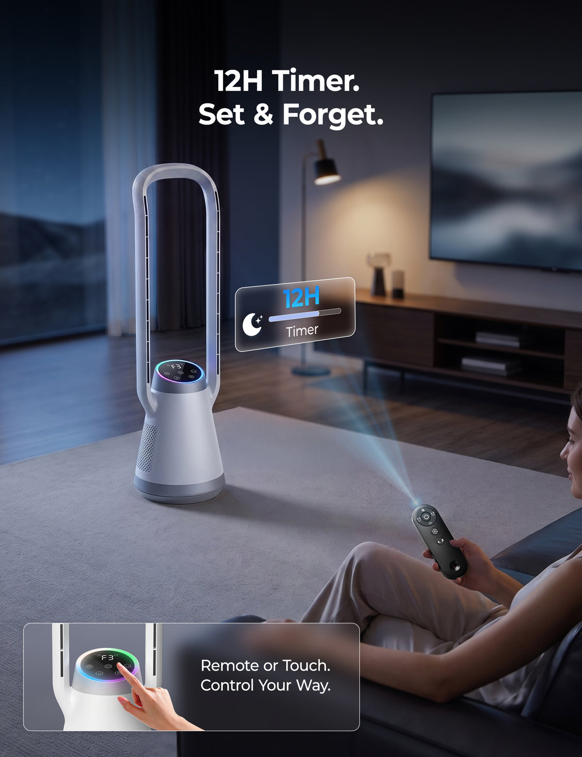 34.2" Bladeless Tower Fan for Bedroom, 70° Oscillating, Quiet DC Motor