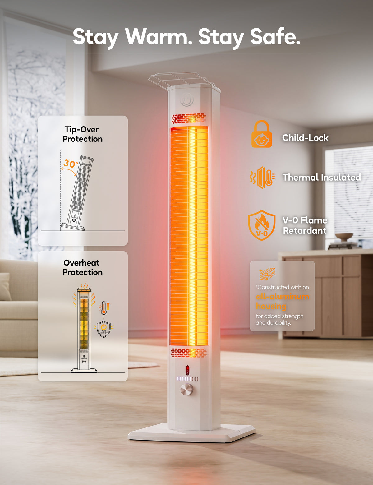 Patio Heater for Outdoor Use, 42.92" Infrared Electric Outdoor Heater, 1500W Instant Heating, Portable Space Heater, 9 Heat Levels, 9H Timer, Remote, for Garage, Backyard, Large Room, Indoor, White