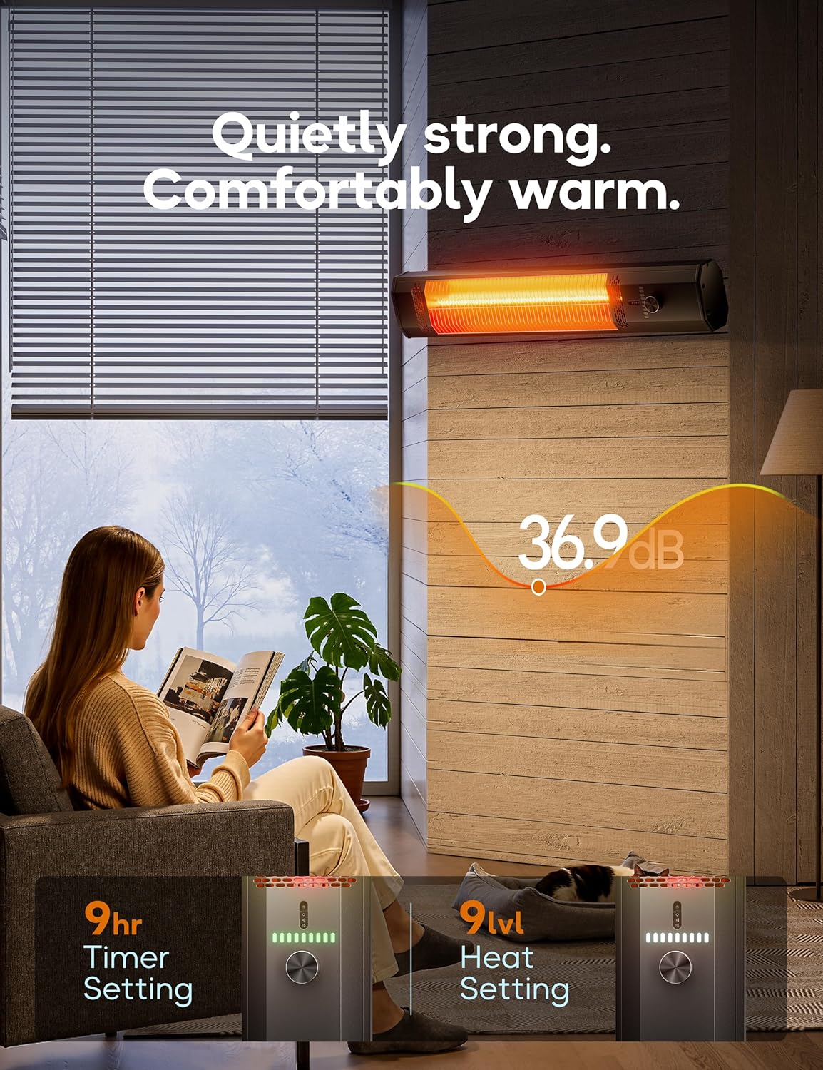 Patio Heater for Outdoor Use, 34.1" Electric Overhead Heaters, 1500W, Wall Mount Infrared Heater, 9 Levels Heating with Remote, 9H Timers, IPX5 Waterproof, Garage, Restaurant Backyard, Black