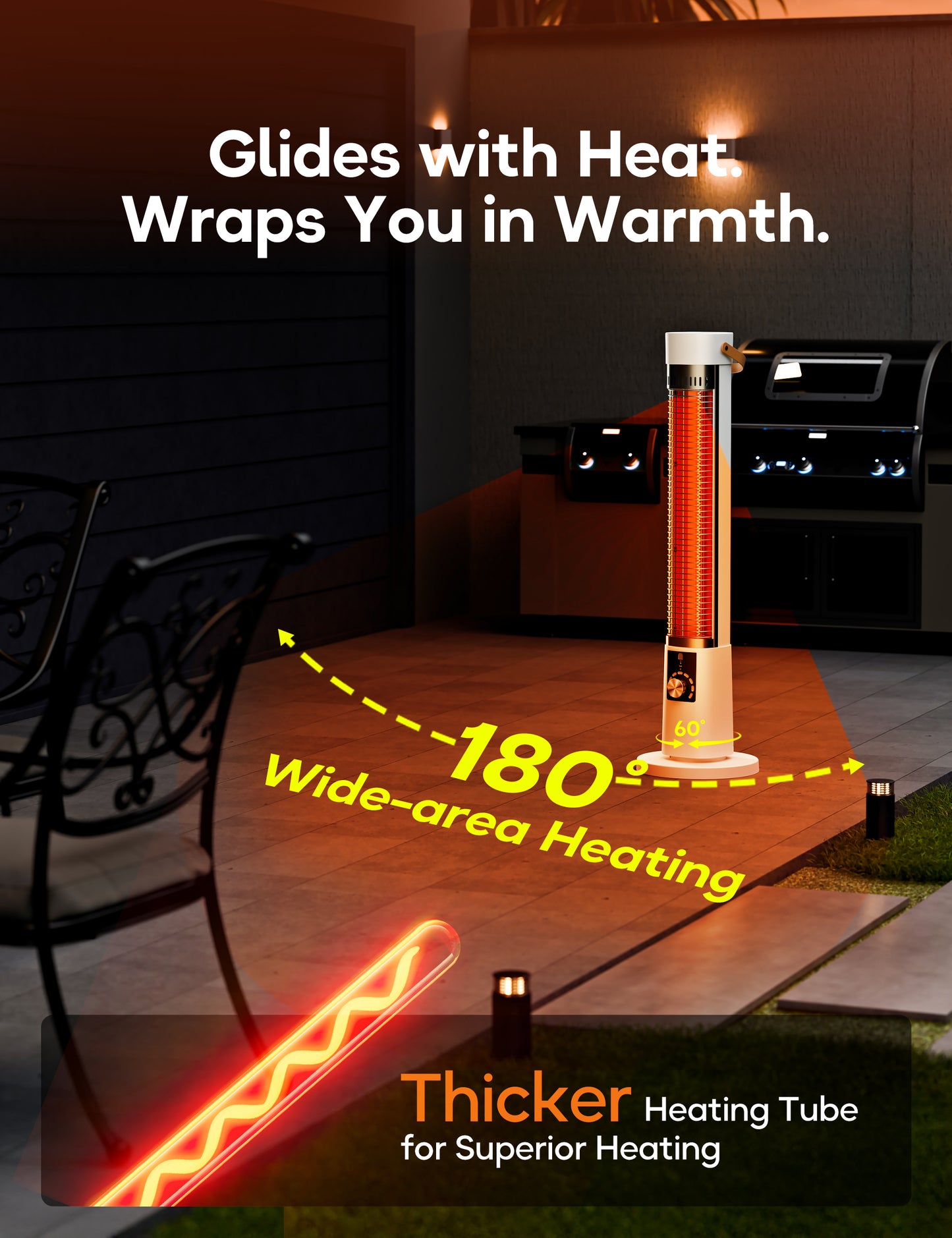 Patio Heater for Outdoor Use, Infrared Electric Outdoor Heater, 1500W Instant Heating, 60-Degree Oscillation, 9 Heat Levels, 9H Timer, Remote, for Garage, Backyard, Large Room, Indoor, 32.3", White