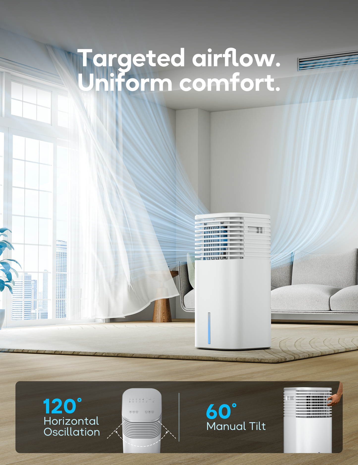 Windowless Portable Air Conditioner, 24.6" Small Evaporative Air Cooler for Room No Window, 3-Speed Settings, 4 Modes, 7H Timer, Remote Control, 4 Ice Packs, Quiet AC Unit for Bedroom