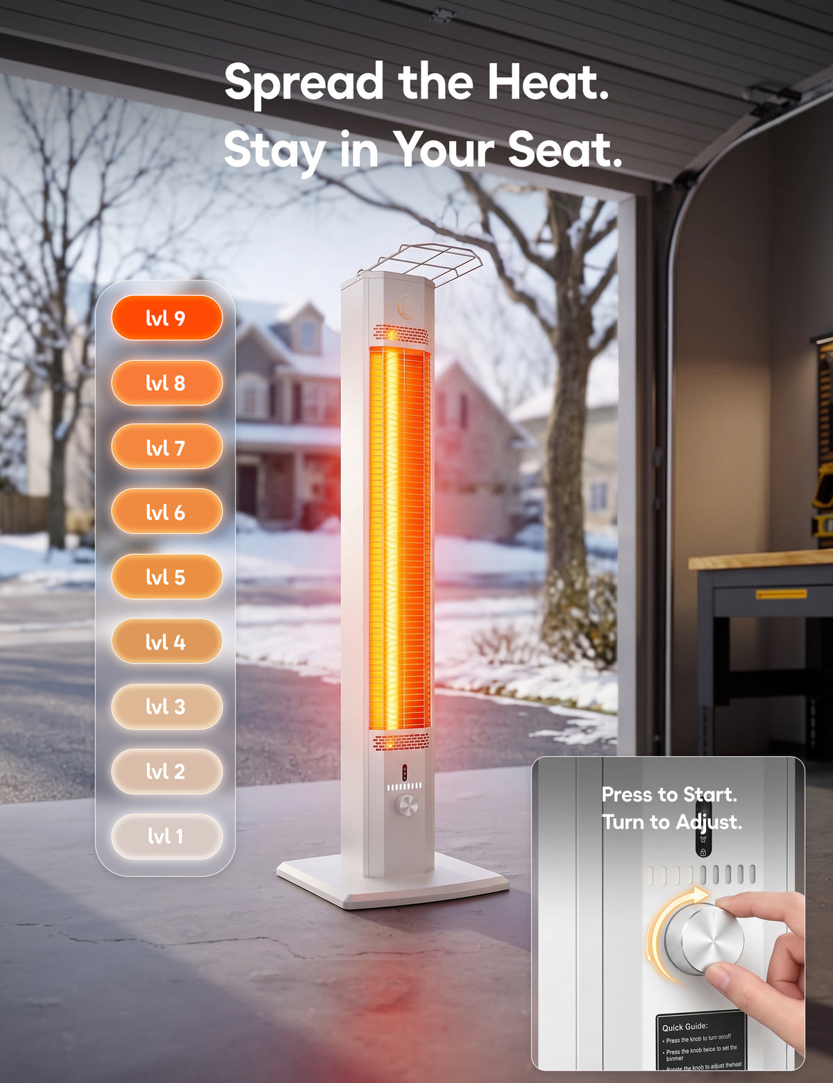 Patio Heater for Outdoor Use, 42.92" Infrared Electric Outdoor Heater, 1500W Instant Heating, Portable Space Heater, 9 Heat Levels, 9H Timer, Remote, for Garage, Backyard, Large Room, Indoor, White