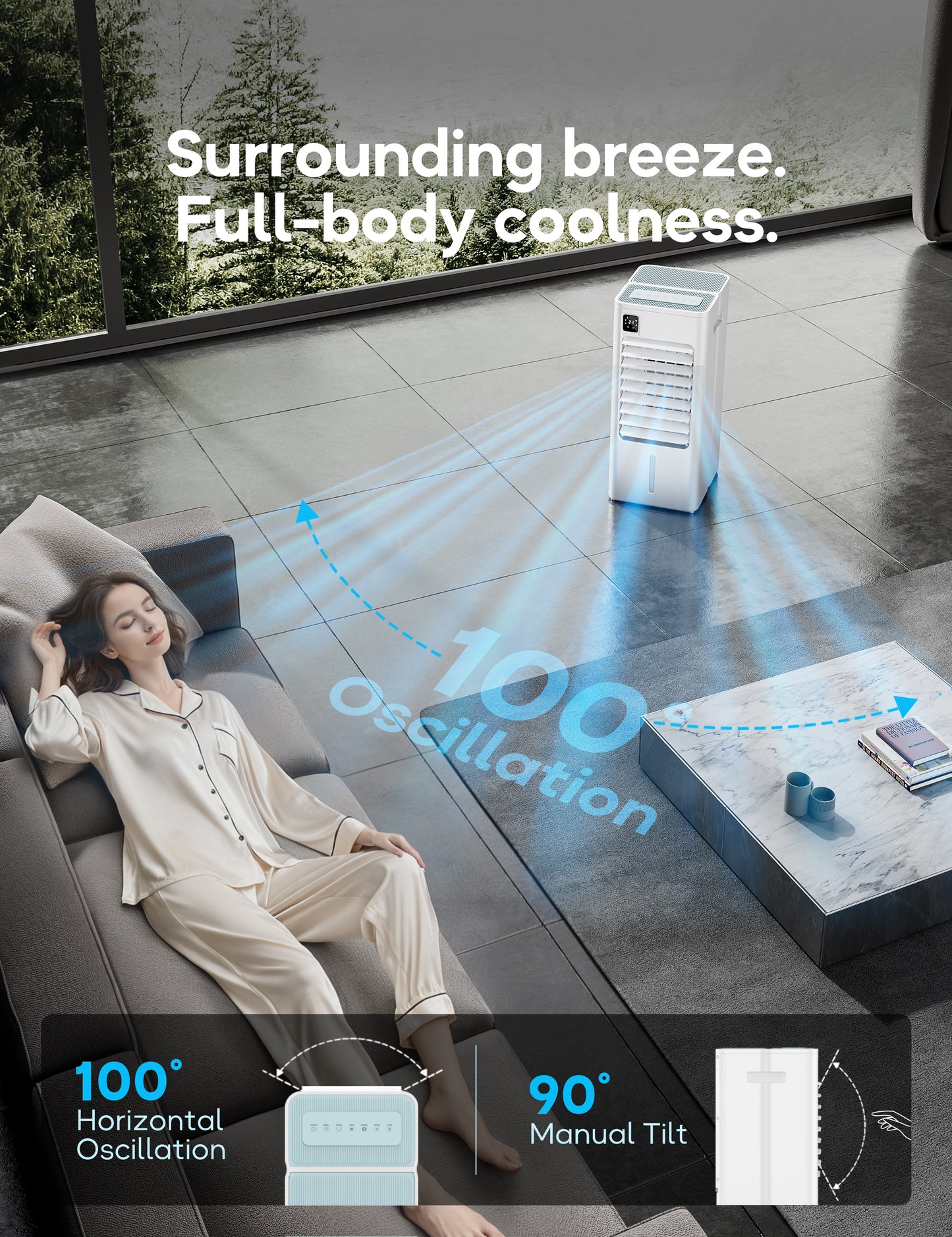 AEROZY Portable Air Conditioner Windowless, Evaporative Cooler with Digital Display, Remote, 3 Speeds, 12H Timer, Oscillating Swamp Cooler for Room no Windows, Bedroom, Living Room