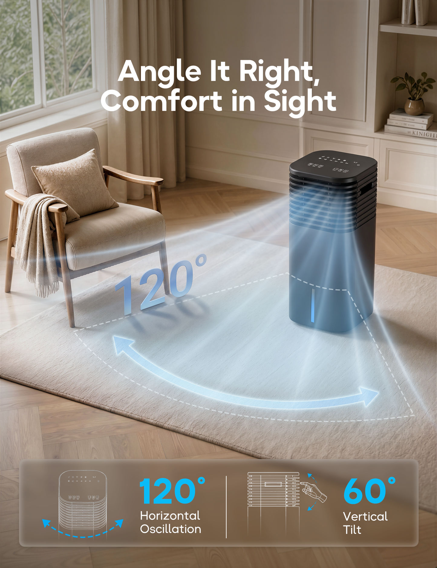Windowless Portable Air Conditioner, 24.5" Small Evaporative Air Cooler for Room No Window, 3-Speed Settings, 4 Modes, 7H Timer, Remote Control, 4 Ice Packs, Quiet AC Unit for Bedroom, Black