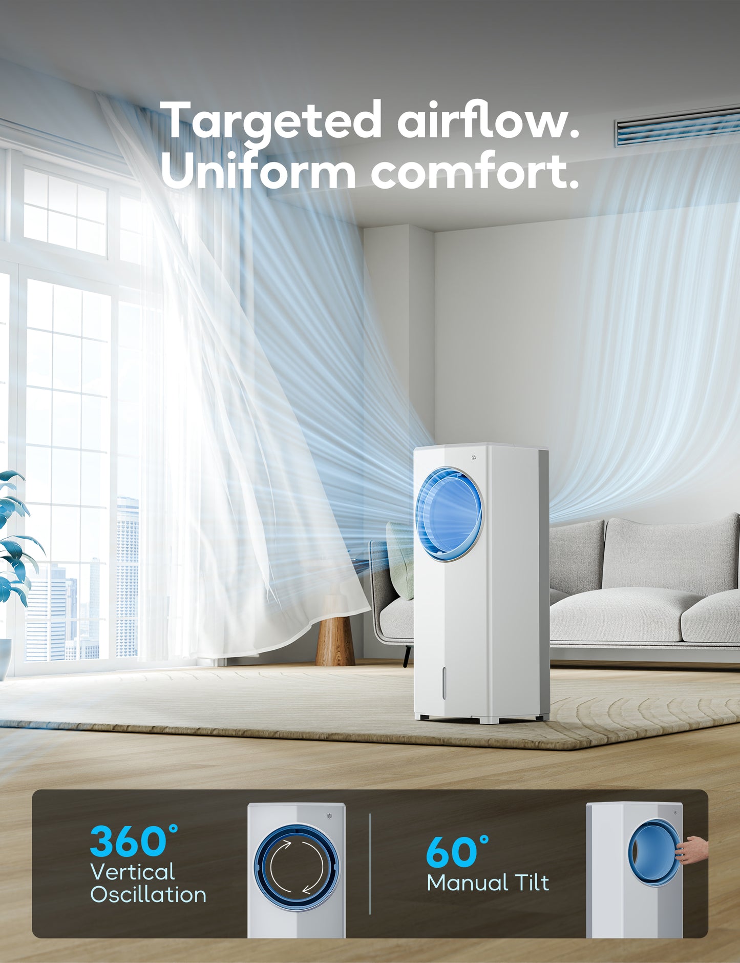 AEROZY Windowless Portable Air Conditioner, Small Evaporative Air Cooler for Room No Window, 3-Speed Settings, 4 Modes, 7H Timer, Remote Control, 4 Ice Packs, Quiet AC Unit for Bedroom
