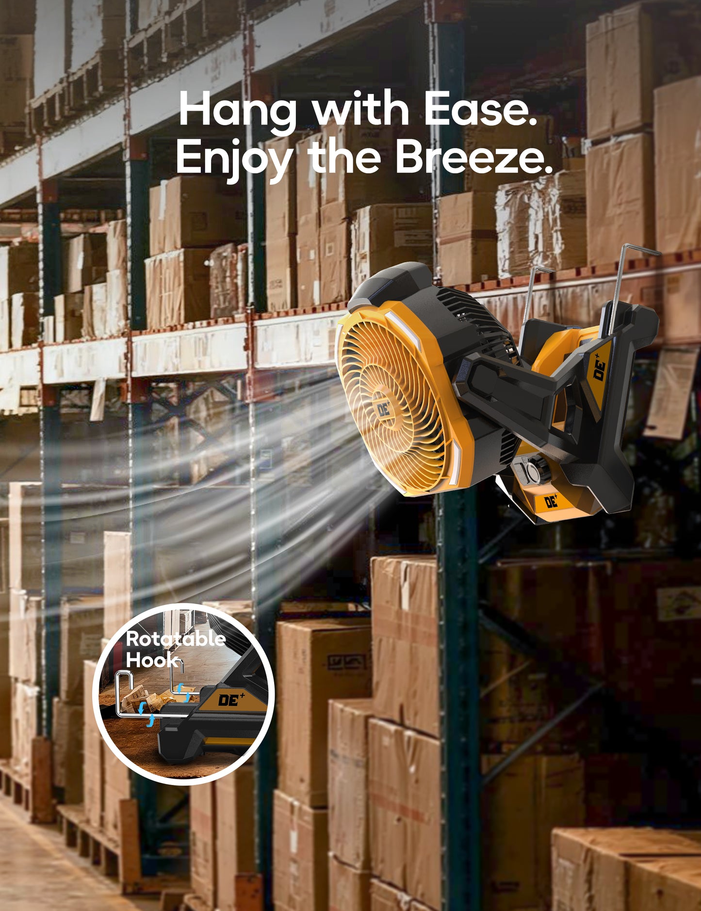 Battery Operated Fan, for DeWalt 20V Max Battery, Cordless Jobsite Fan for Camping, with LED Lights, Hook for Hanging, Variable Speed, for Workshops, USB Port(Bare Tool Only)