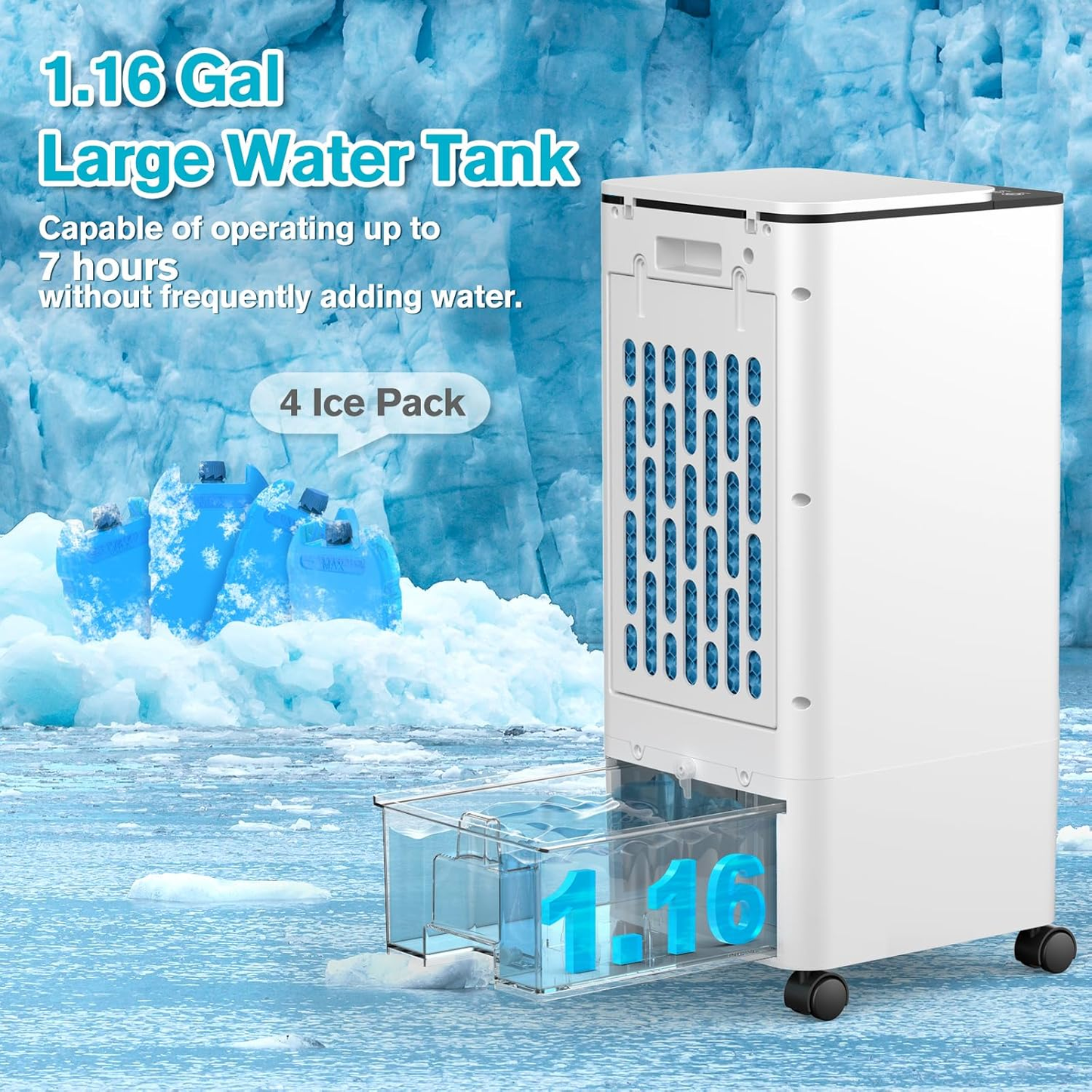 Windowless Portable Air Conditoners, Portable AC w/Remote, 1.16Gal Water Tank & 4 Ice Packs, 45° Oscillation, 12H Timer, 3 Modes & 3 Speeds, Fast Cooling Ventless Swamp Cooler For HomeOffice,SnowWhite