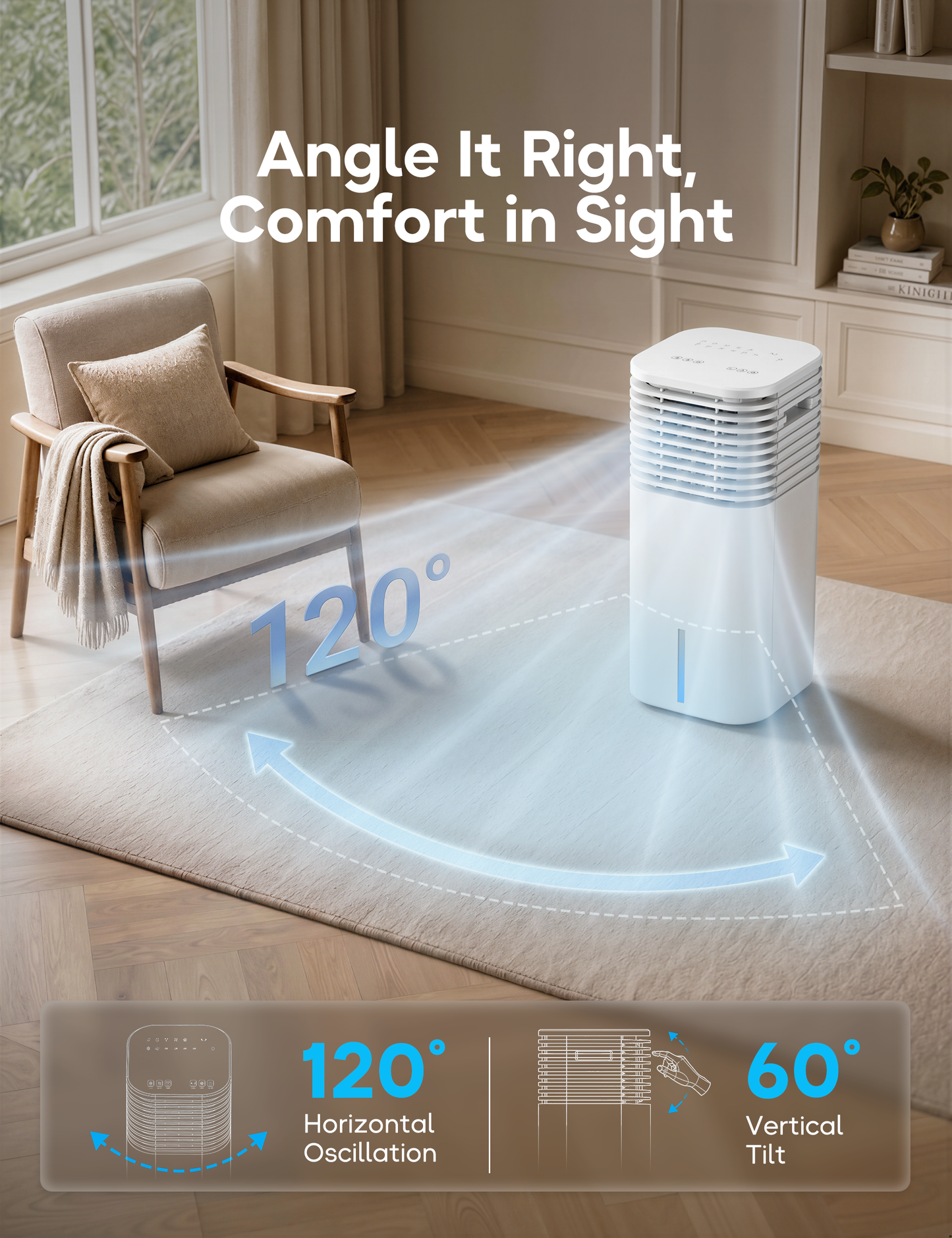 Windowless Portable Air Conditioner, 24.5" Small Evaporative Air Cooler for Room No Window, 3-Speed Settings, 4 Modes, 7H Timer, Remote Control, 4 Ice Packs, Quiet AC Unit for Bedroom, Ivory