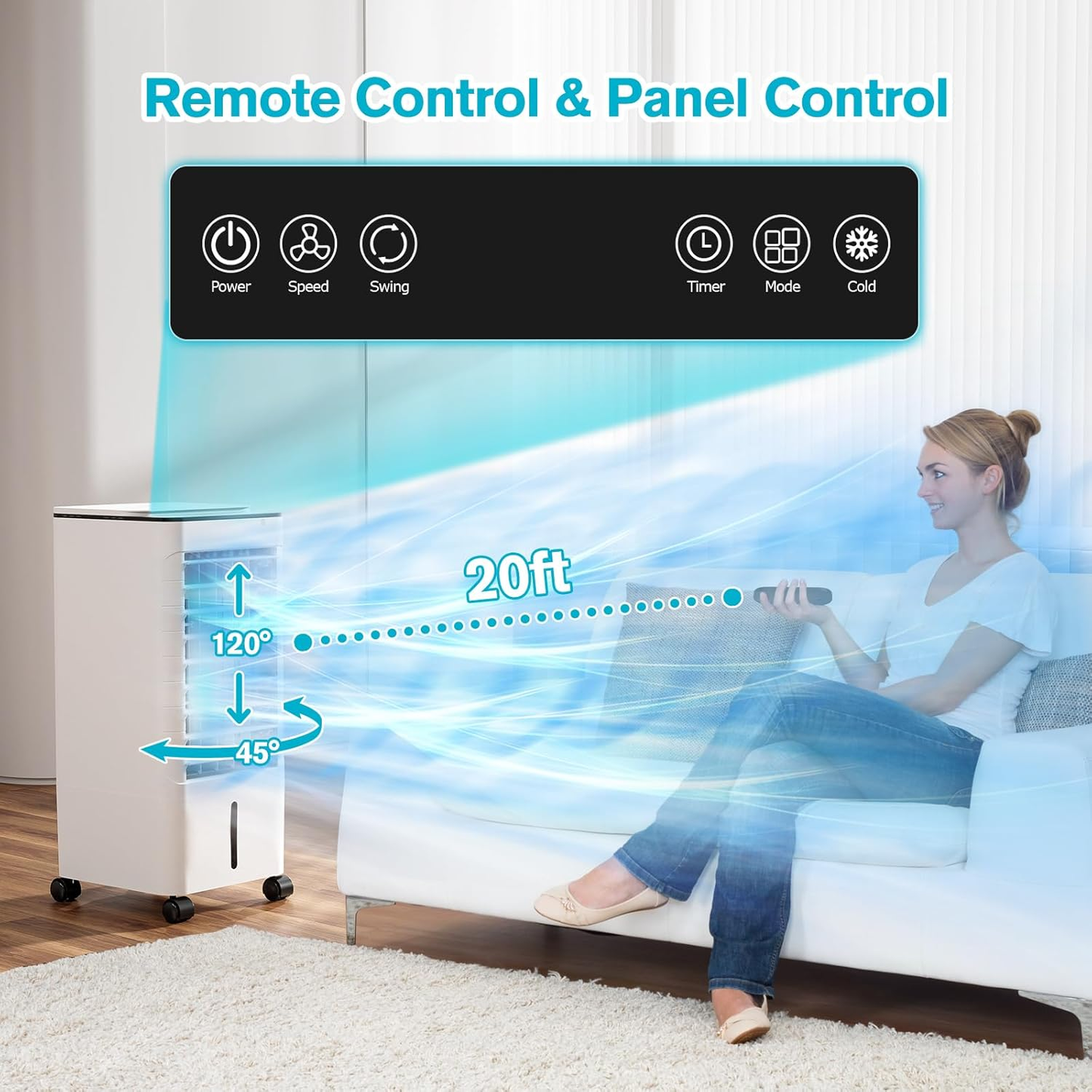 Windowless Portable Air Conditoners, Portable AC w/Remote, 1.16Gal Water Tank & 4 Ice Packs, 45° Oscillation, 12H Timer, 3 Modes & 3 Speeds, Fast Cooling Ventless Swamp Cooler For HomeOffice,SnowWhite