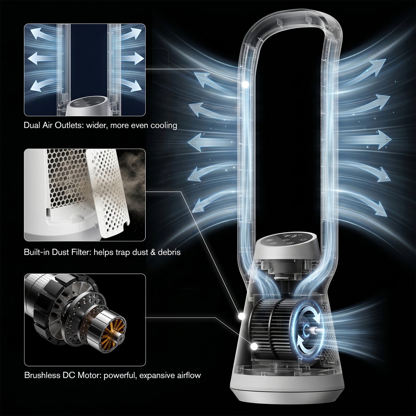 AEROZY Bladeless Tower Fan for Bedroom, 70° Oscillating, Quiet DC Motor