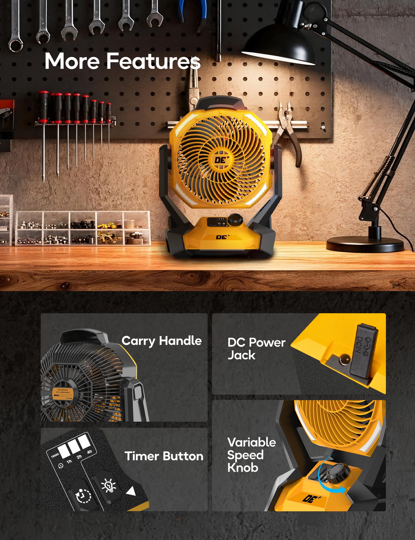 Battery Operated Fan, for DeWalt 20V Max Battery, Cordless Jobsite Fan for Camping, with LED Lights, Hook for Hanging, Variable Speed, for Workshops, USB Port(Bare Tool Only)