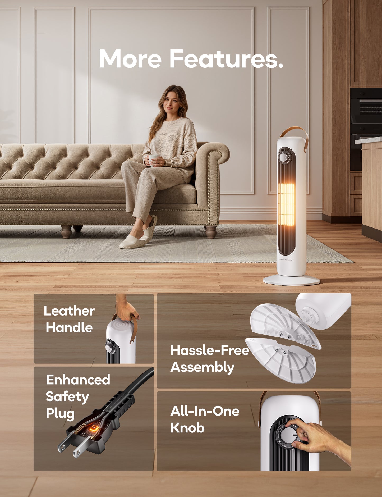 Electric Space Heater for Indoor Use, 24" Portable 1500W Heater with Overheat and Tip-Over Protection, 80° Oscillation, 1s Instant Heating Heater for Office, Bedroom, White