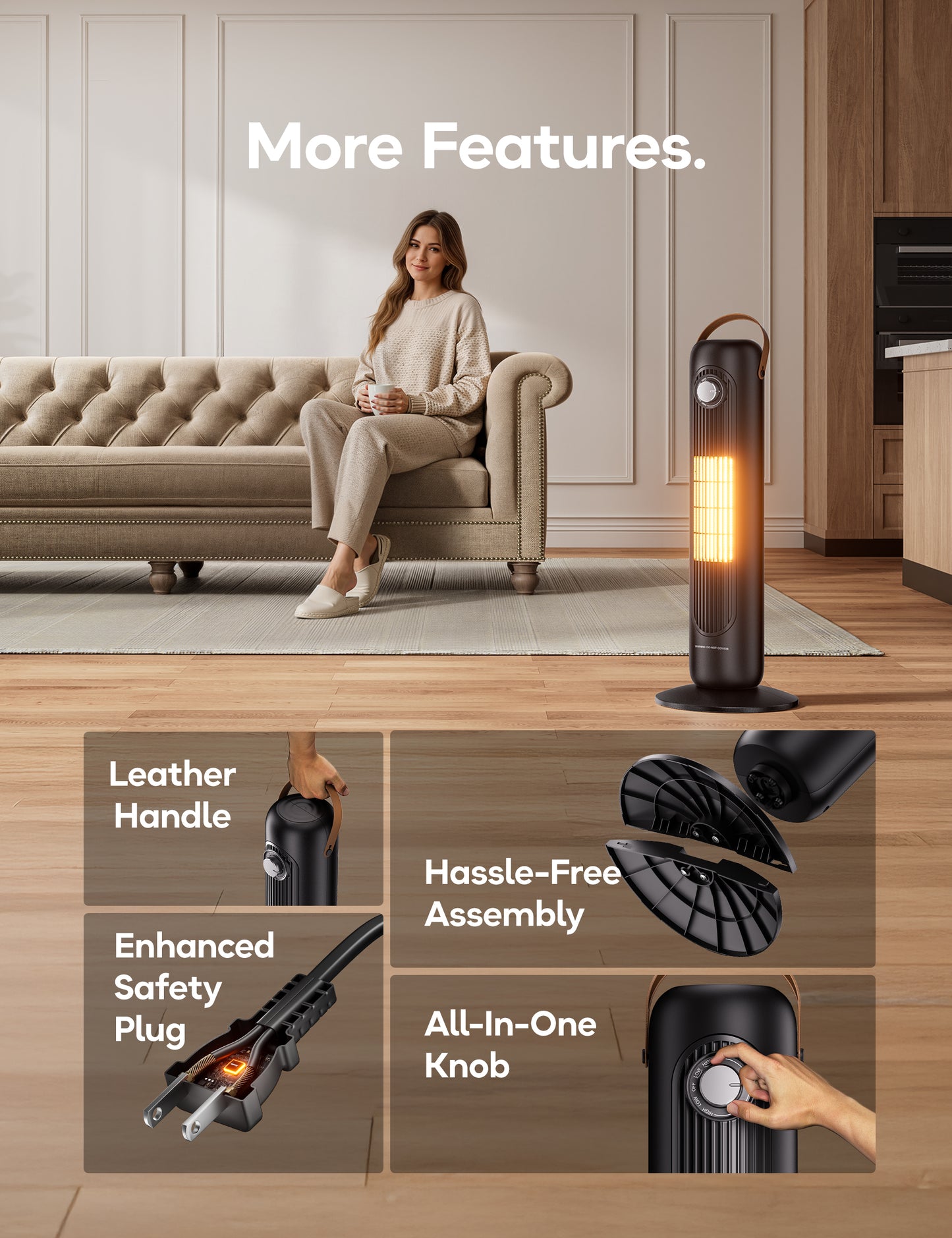 Electric Space Heater for Indoor Use, 24" Portable 1500W Heater with Overheat and Tip-Over Protection, 80° Oscillation, 1s Instant Heating Heater for Office, Bedroom, Black