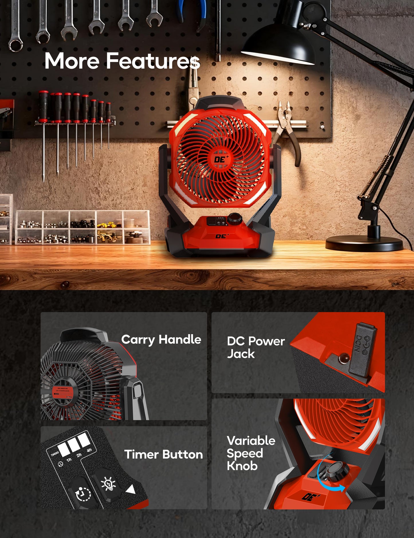 Battery Operated Fan, for Milwaukee M18 18V Battery, Cordless Jobsite Fan for Camping, with LED Lights, Hook for Hanging, Variable Speed, for Workshops, USB Port(Bare Tool Only)