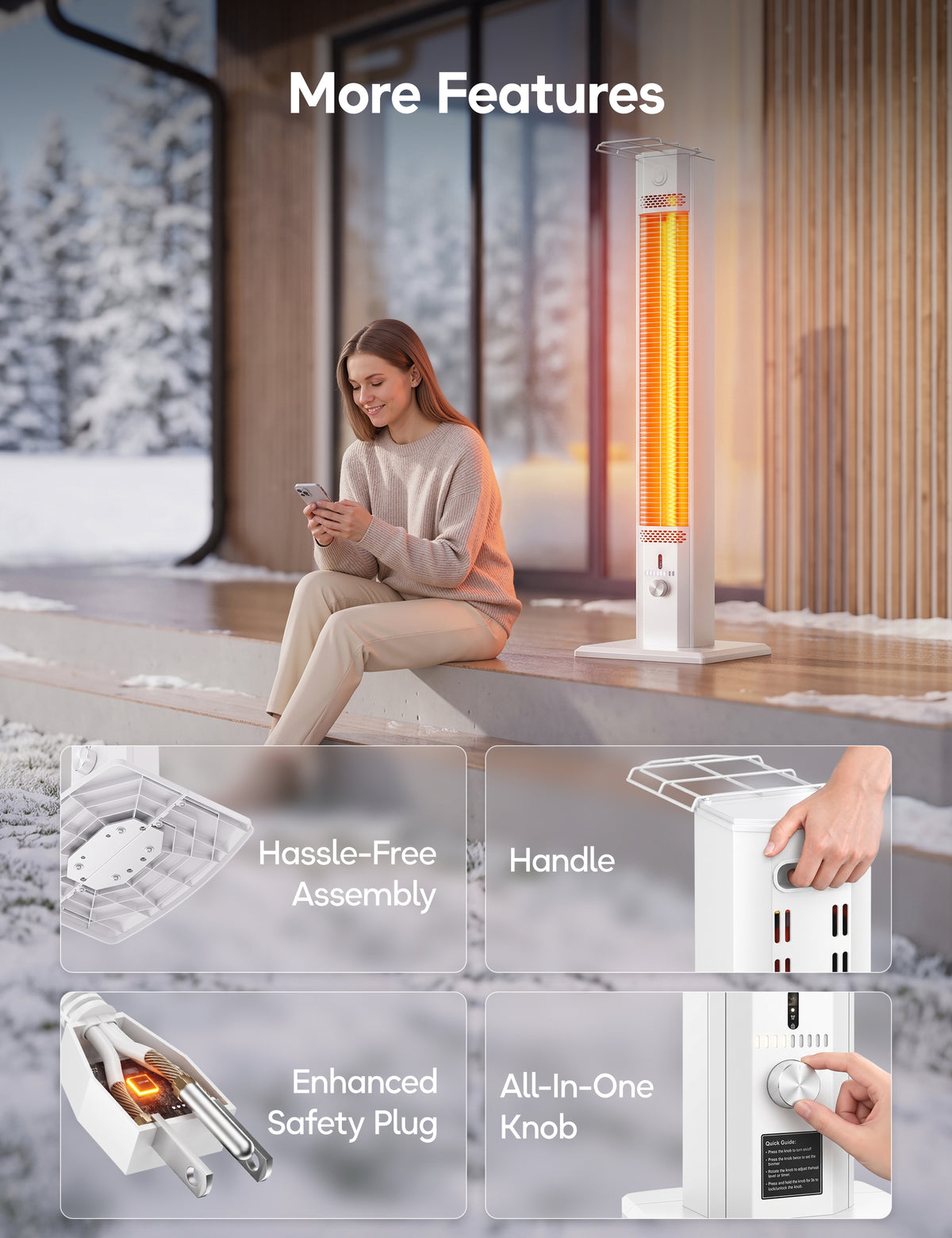Patio Heater for Outdoor Use, 42.92" Infrared Electric Outdoor Heater, 1500W Instant Heating, Portable Space Heater, 9 Heat Levels, 9H Timer, Remote, for Garage, Backyard, Large Room, Indoor, White