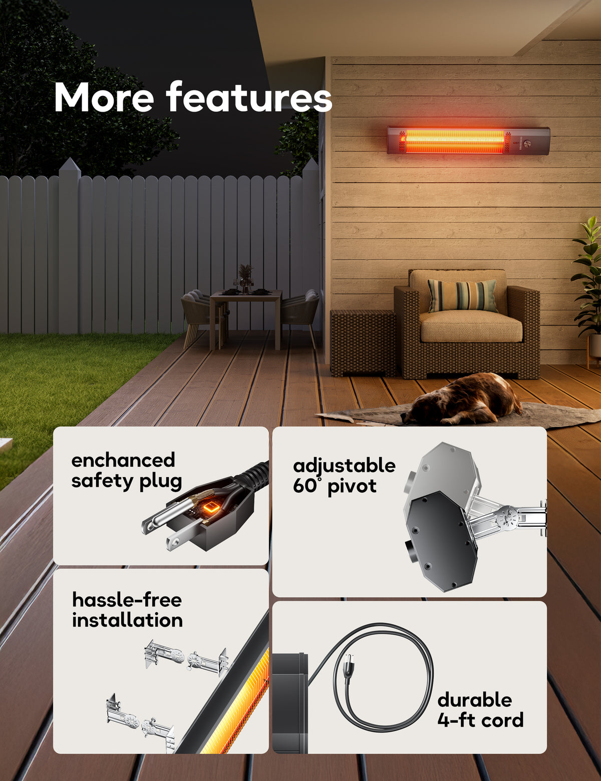 Patio Heater for Outdoor Use, 33.4" Electric Overhead Heaters, 1500W, Wall Mount Infrared Heater, 9 Levels Heating with Remote, 9H Timers, IPX5 Waterproof, Garage, Restaurant Backyard, Black