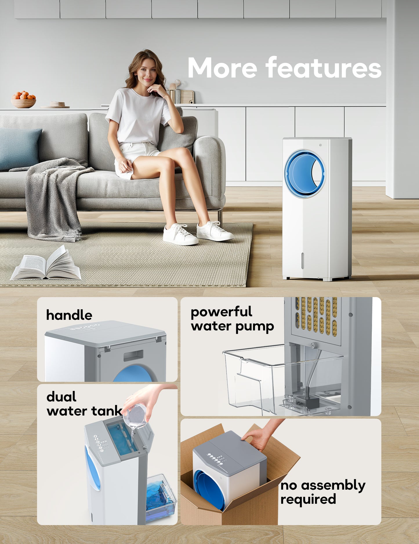 AEROZY Windowless Portable Air Conditioner, Small Evaporative Air Cooler for Room No Window, 3-Speed Settings, 4 Modes, 7H Timer, Remote Control, 4 Ice Packs, Quiet AC Unit for Bedroom