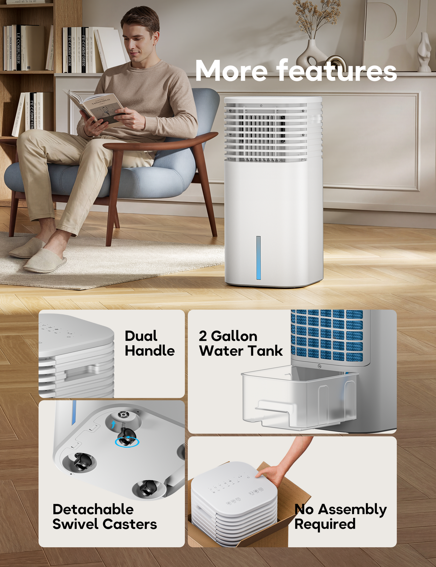 Windowless Portable Air Conditioner, 24.5" Small Evaporative Air Cooler for Room No Window, 3-Speed Settings, 4 Modes, 7H Timer, Remote Control, 4 Ice Packs, Quiet AC Unit for Bedroom, Ivory