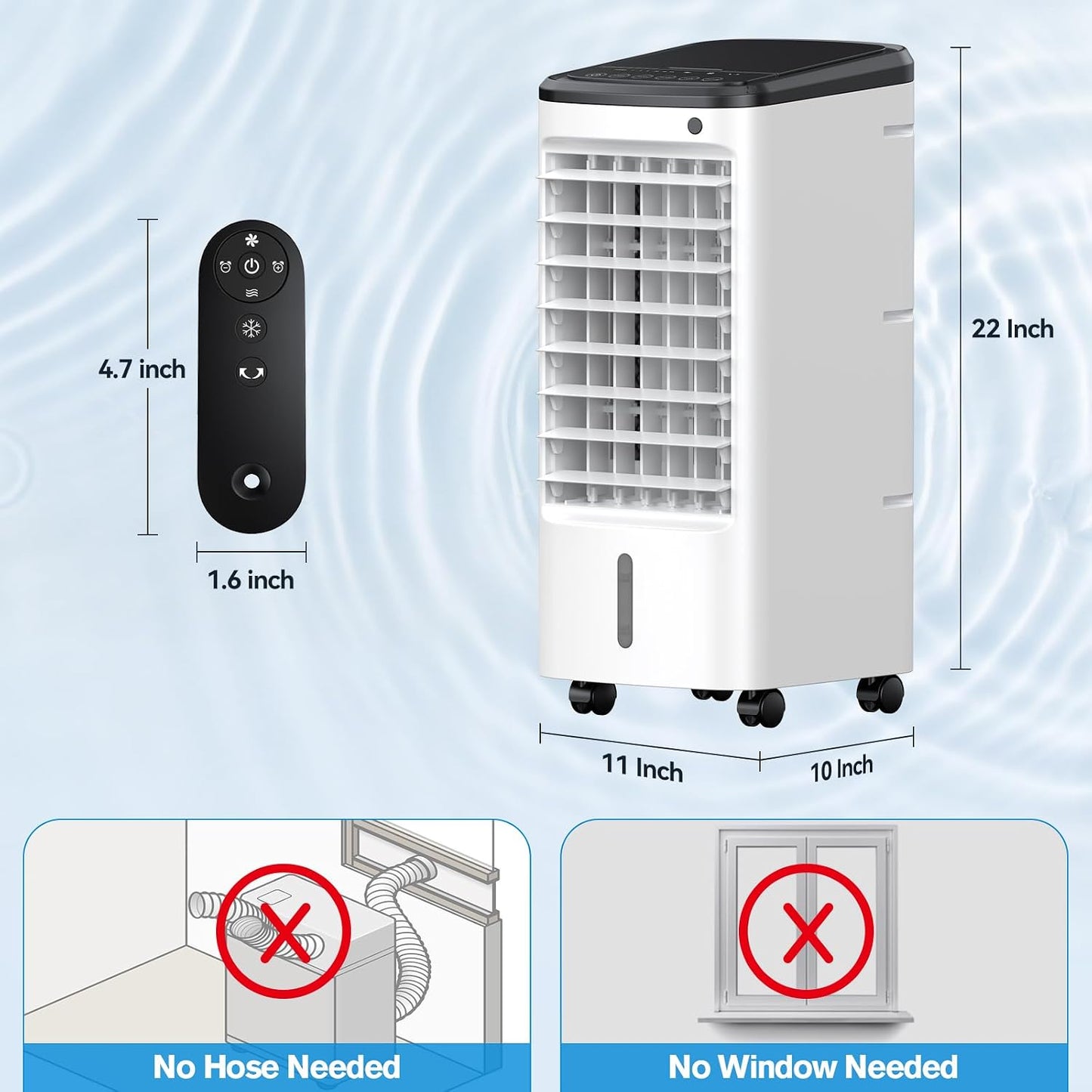 Windowless Portable Air Conditioner, 22.1" Evaporative Air Cooler with Remote, 120° Oscillation Swamp Cooler for Room No Window, 3 Speed, 4 Modes, Timer, 6 Ice Packs, Quiet AC Unit for Bedroom, White