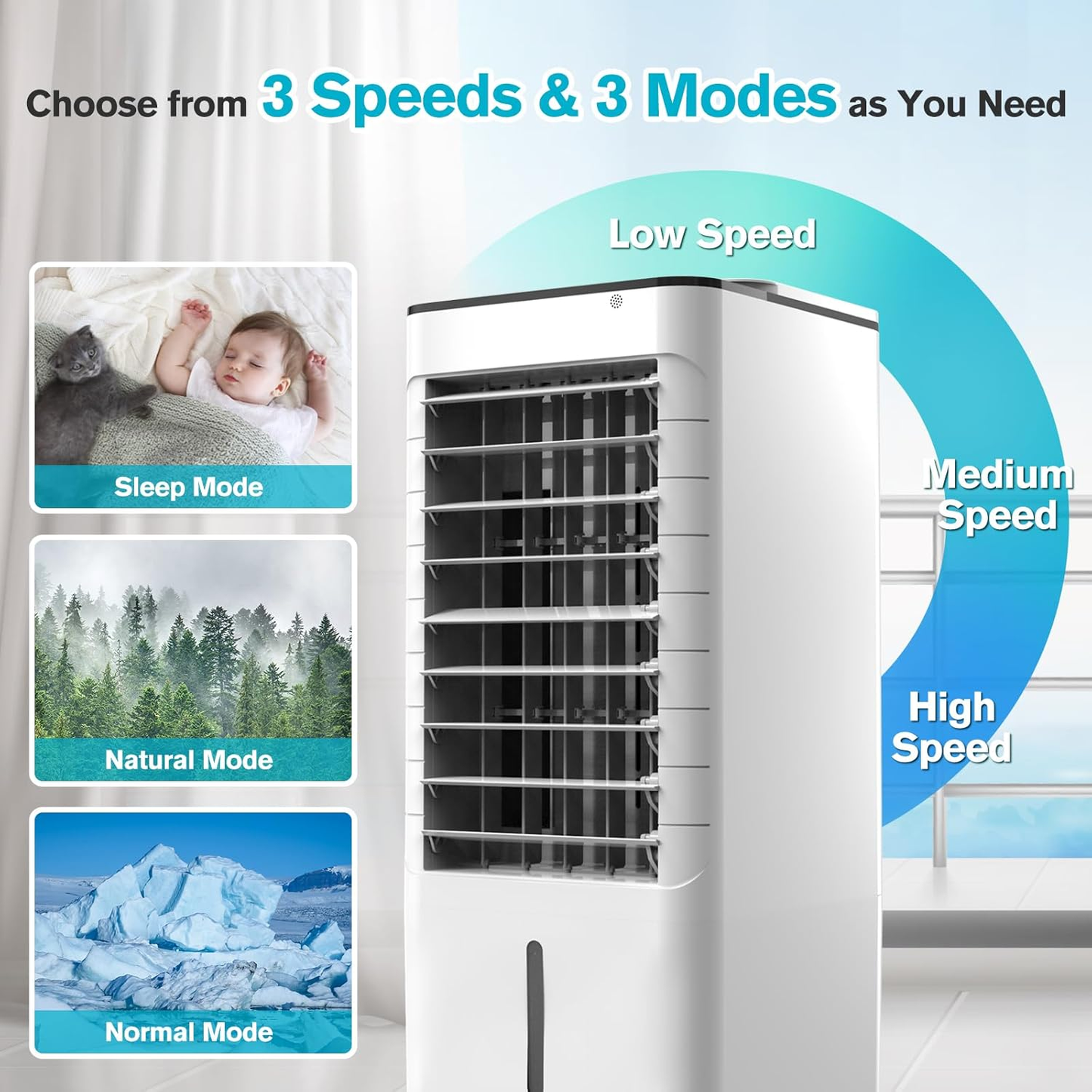 Windowless Portable Air Conditoners, Portable AC w/Remote, 1.16Gal Water Tank & 4 Ice Packs, 45° Oscillation, 12H Timer, 3 Modes & 3 Speeds, Fast Cooling Ventless Swamp Cooler For HomeOffice,SnowWhite