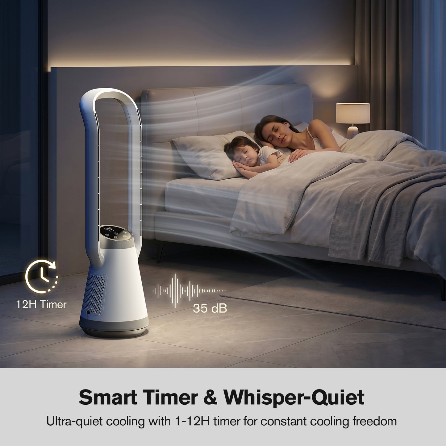 AEROZY Bladeless Tower Fan for Bedroom, 70° Oscillating, Quiet DC Motor