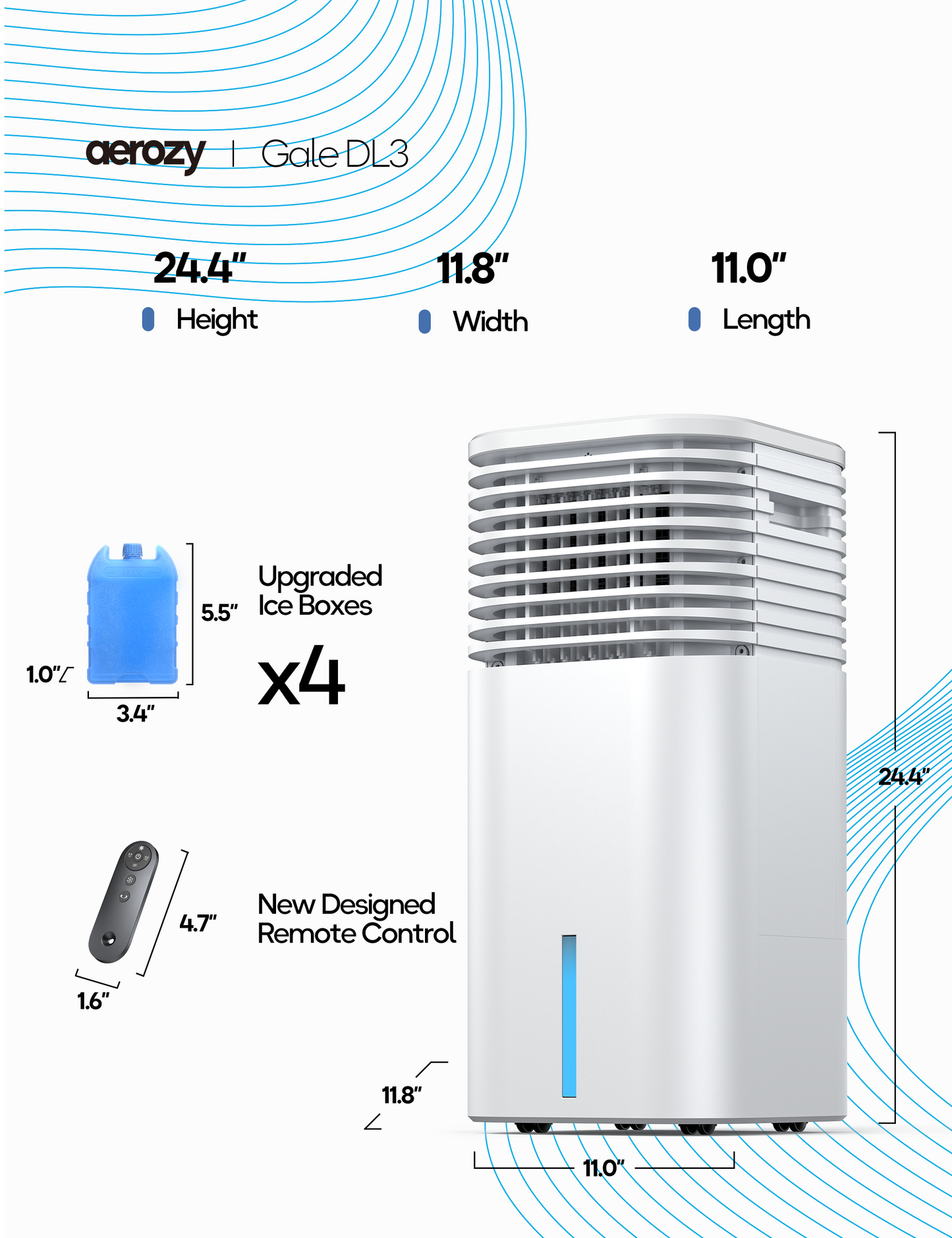 Battery Powered Evaporative Cooler Fan, for DeWalt 20V Max Battery, 24.5" | AC/DC, Windowless Portable Air Conditioner, 4 Ice pack, 3-Speed, 4 Modes, Remote Control, White, Battery Not Included