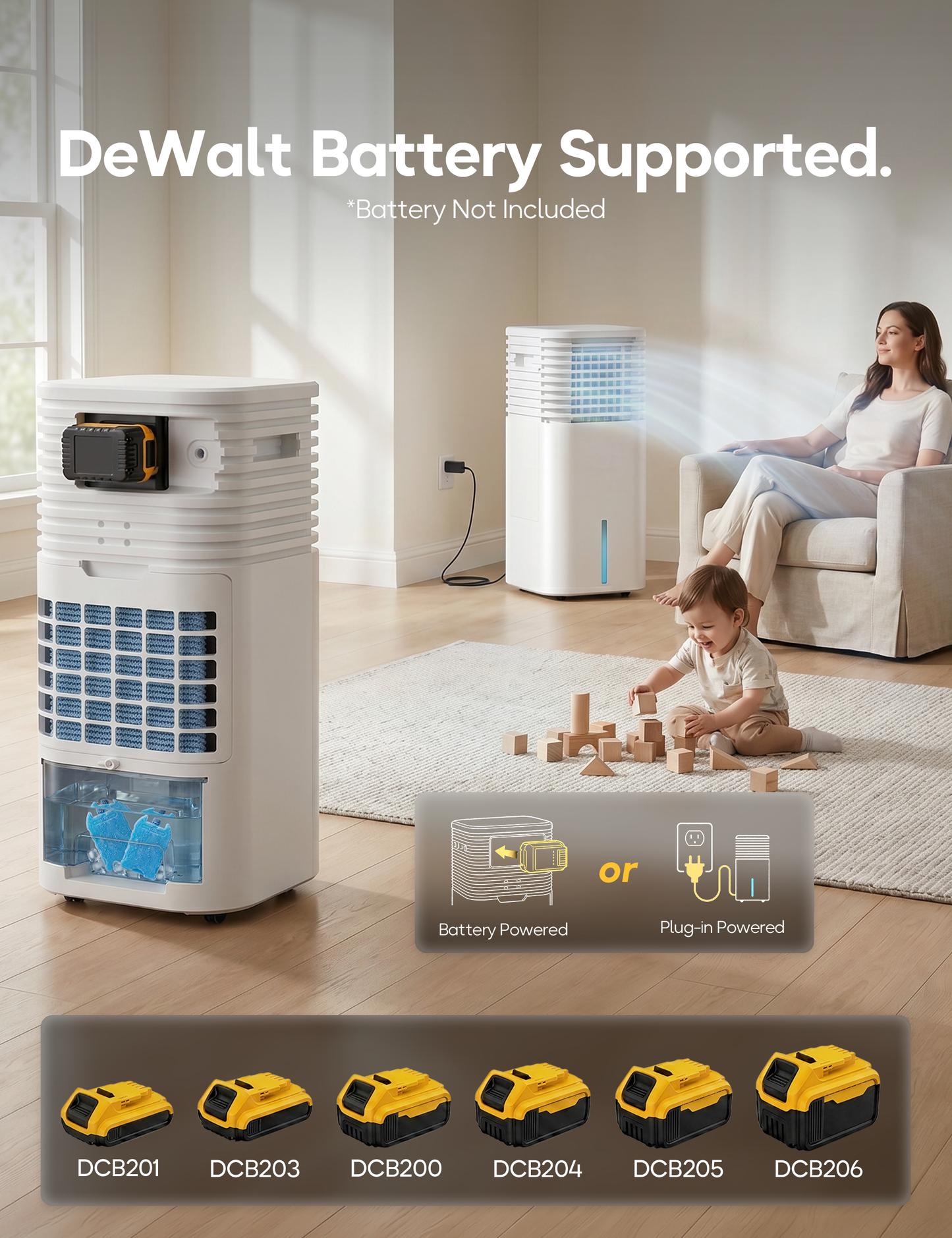 Battery Powered Evaporative Cooler Fan, for DeWalt 20V Max Battery, 24.5" | AC/DC, Windowless Portable Air Conditioner, 4 Ice pack, 3-Speed, 4 Modes, Remote Control, White, Battery Not Included