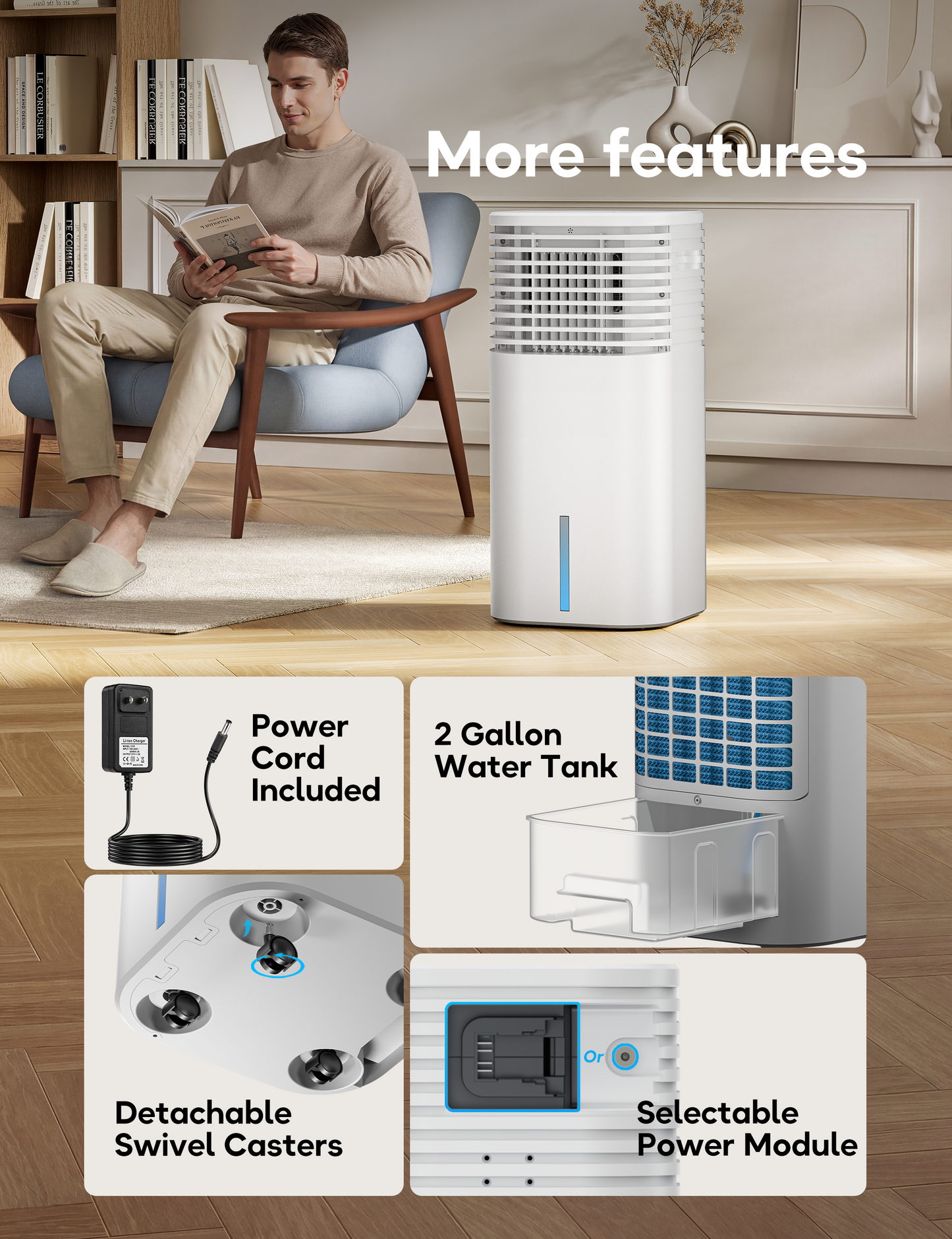 Battery Powered Evaporative Cooler Fan, for DeWalt 20V Max Battery, 24.5" | AC/DC, Windowless Portable Air Conditioner, 4 Ice pack, 3-Speed, 4 Modes, Remote Control, White, Battery Not Included