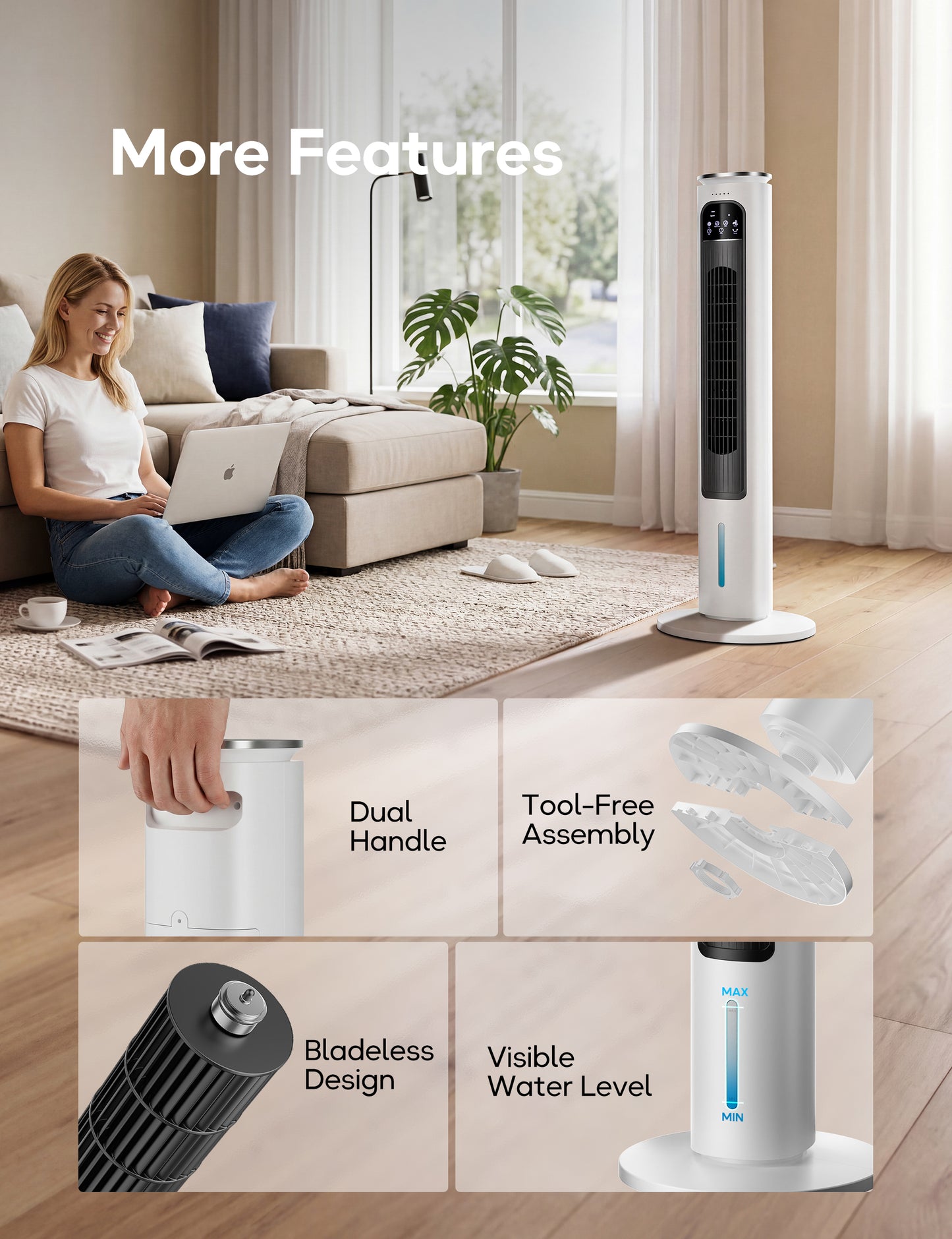 Windowless Portable Air Conditioner, 37" Ventless Evaporative Air Cooler with Remote, Quiet Swamp Cooler, Ductless Tower Fan, Ac Unit for Home, Room, Office, 12H Timer, 4 Ice Packs, Ivory