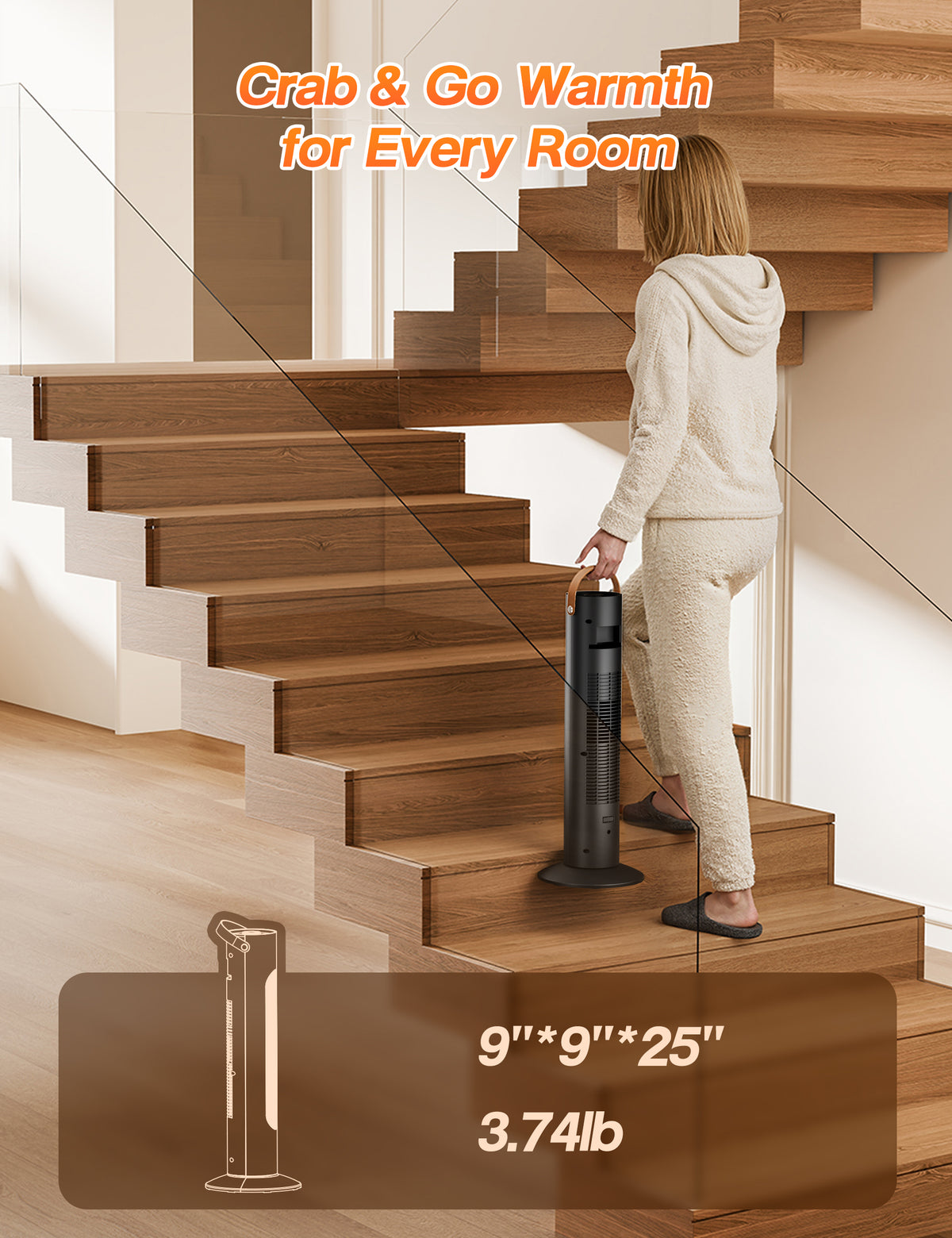 25" Space Heaters for Indoor Use, 1500W, 2 Heating & Fan Mode, Quiet 2-IN-1 Tower Heater and Fan Combo, 2S Instant Heating, 70°Oscillation, Quiet, 6 Safety Protections, for Bedroom Office black